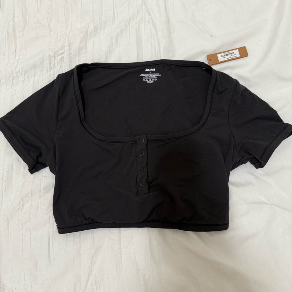 SKIMS Black Henley Crop Top